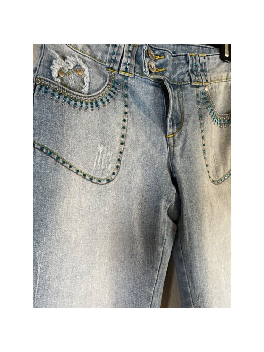 Ab Womens Boot Cut Jeans Blue Juniors 7 Distressed Rhinestone Light Low Rise Y2K - Picture 5 of 11